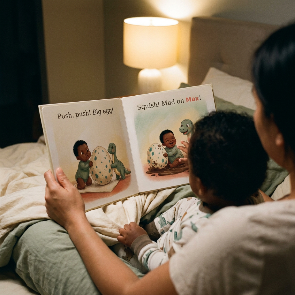 Parent and child reading the open personalized book at bedtime