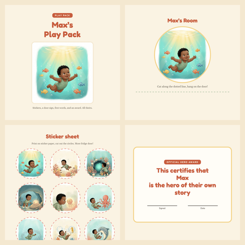 Play Pack: stickers, door sign, first-words page, and hero award